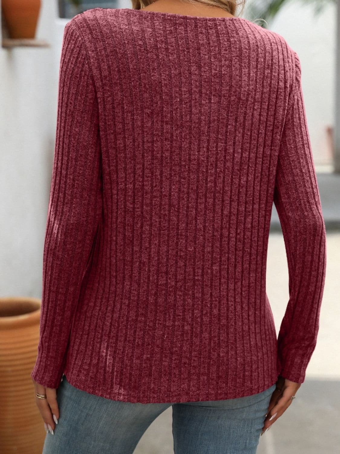 Ribbed V-Neck Long Sleeve T-Shirt.