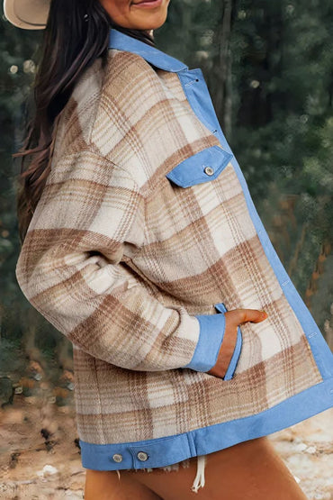 Plaid shacket with contrast trim