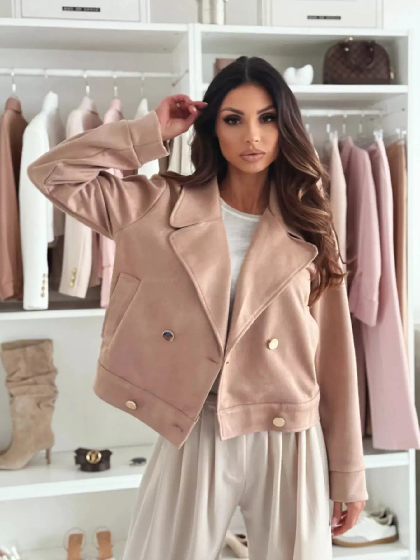 Beige Polyester Double Breasted Lapel Collar Jacket With Pockets Simply Love