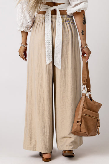 Beige high-waisted pleated wide-leg casual trousers