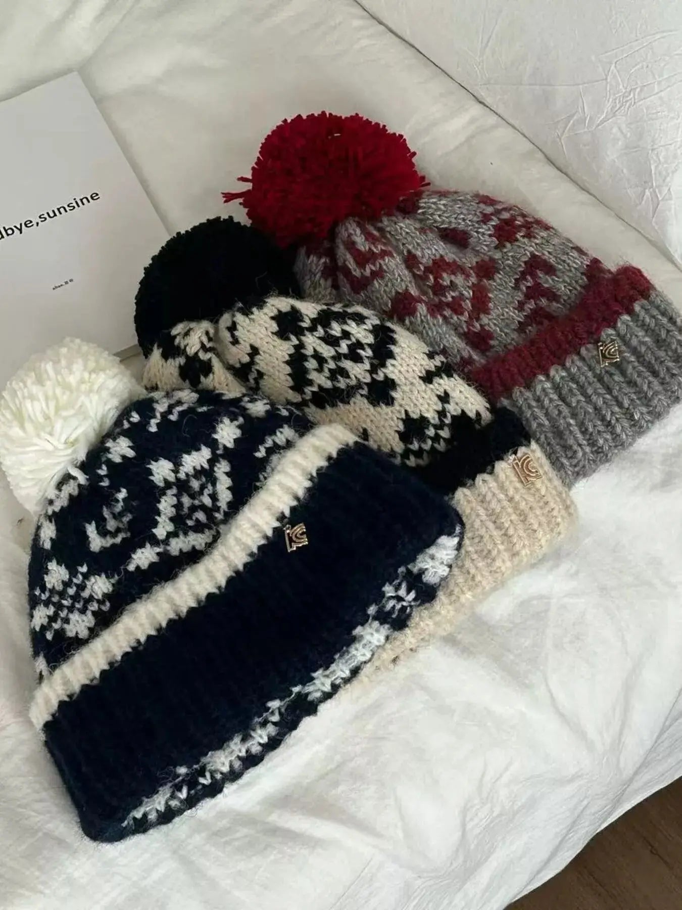 Snowflake Knitted Beanie Hat with Pom Pom Simply Love