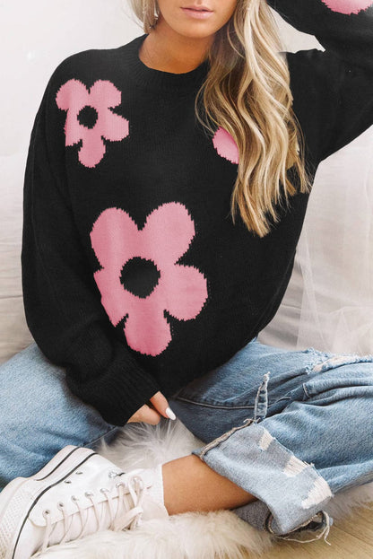 Round Neck Floral Pattern Color Contrast  Design Long Sleeve Sweater.