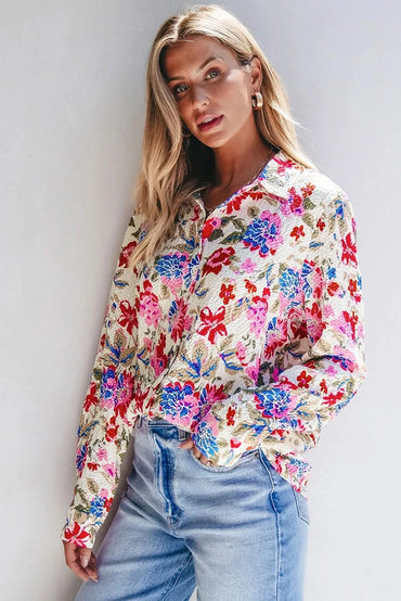 Floral print collared long sleeve blouse