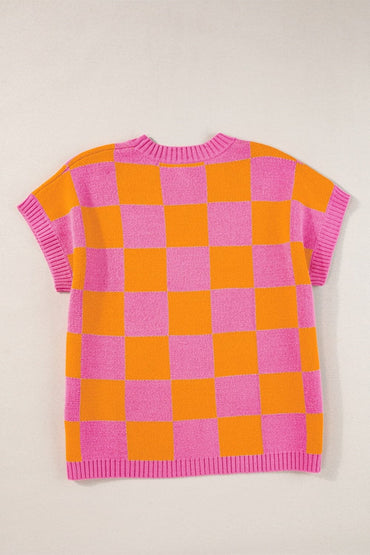 Checkered Round Neck Short Sleeve Sweater.