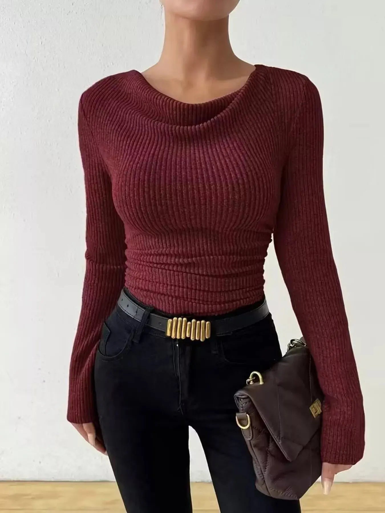 Cowl Neck Ribbed Knit Top Simply Love