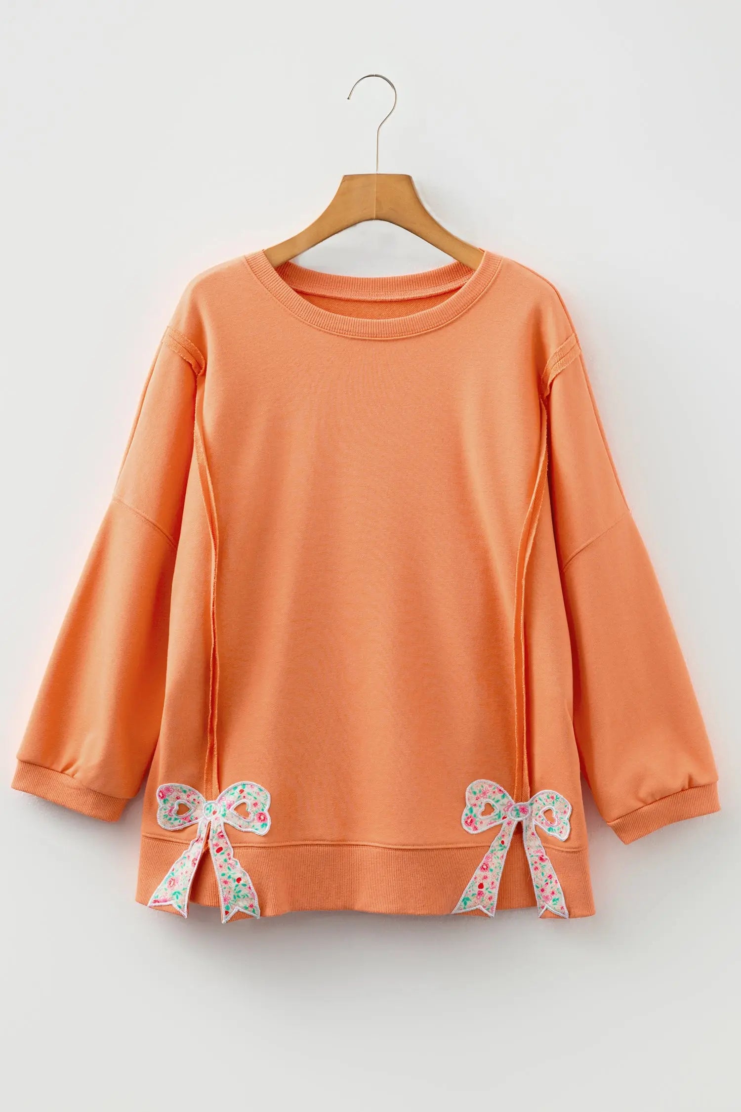 Grapefruit Orange Floral Bow Patchwork Sweatshirt With Exposed Seams Slit Baggy Dear-Lover Dropshipping