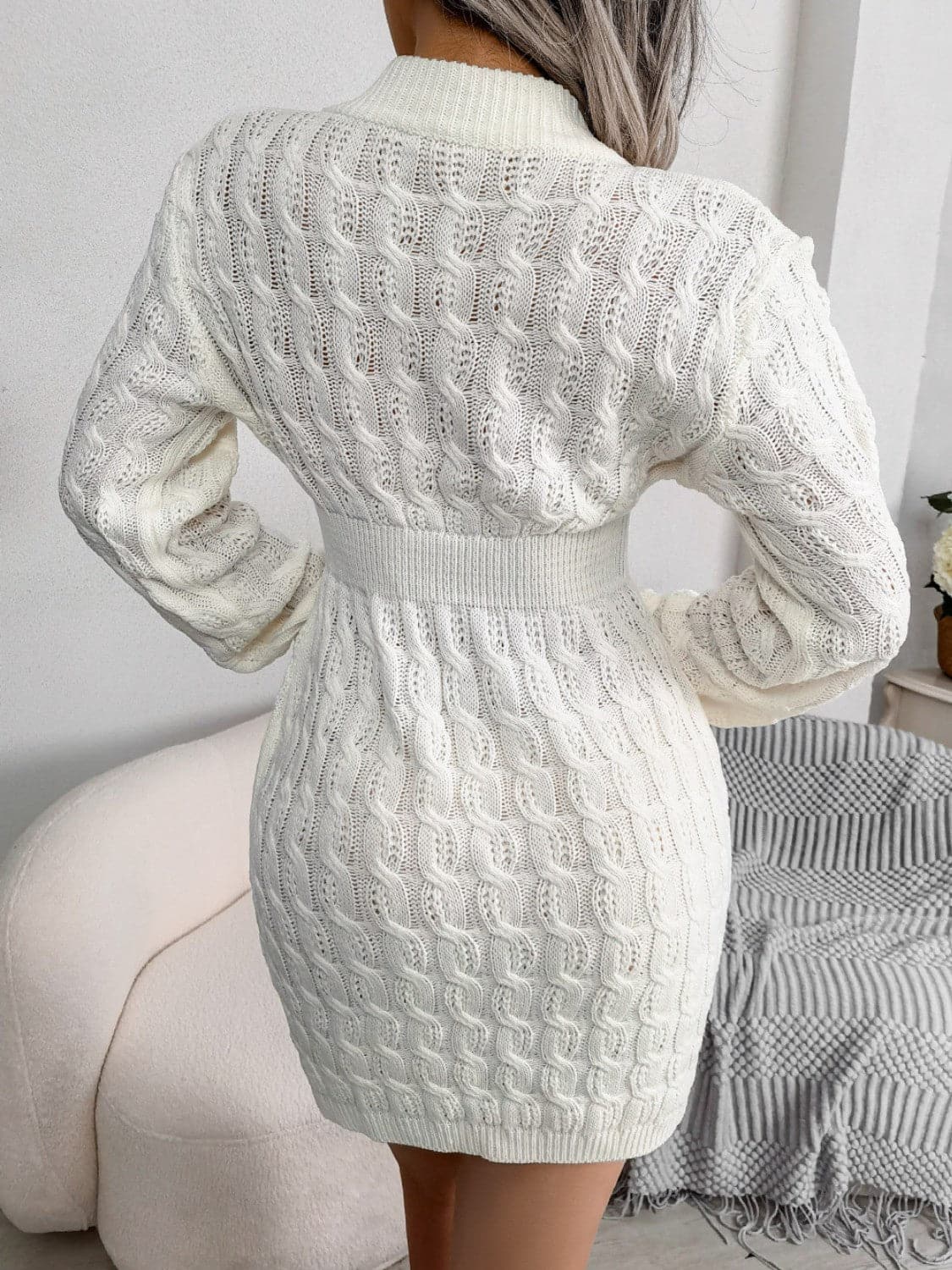 Cable-Knit Round Neck Mini Wrap Sweater Dress.