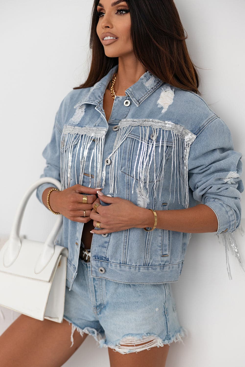 Sequin Fringe Trim Distressed Button Up Denim Jacket.