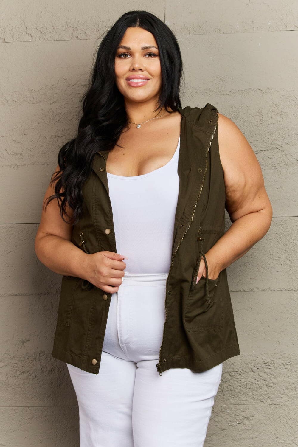 Zenana More To Come Full Size Military Hooded VestExperience the Perfect Blend of Style and Functionality
 Introducing the Zenana More To Come Full Size Military Hooded Vest, where rugged charm meets cozy comfort. TLove Salve Full Size Military Hooded Vestcloseout