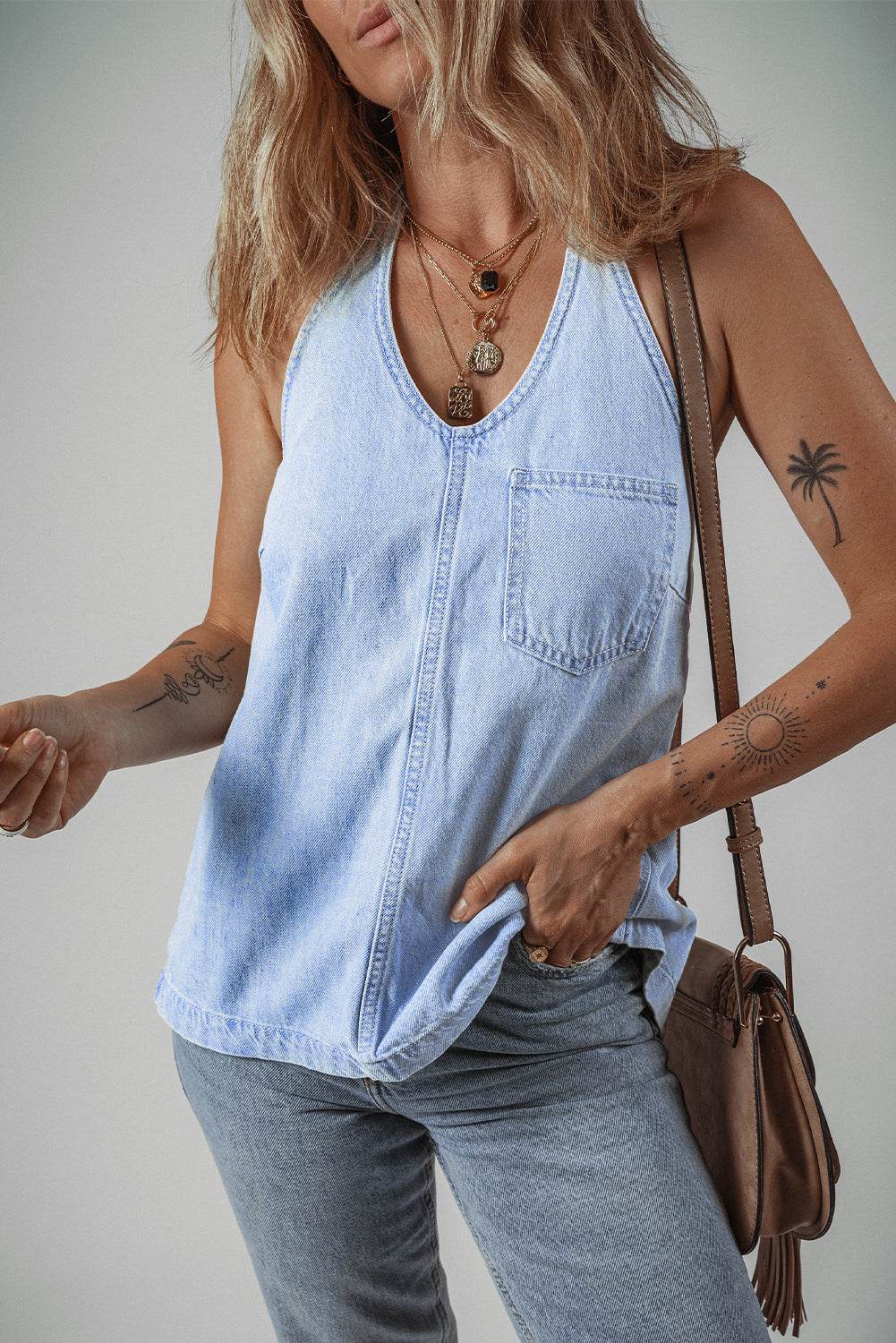 Beau Blue Knotted Open Back Halterneck Denim Tank Top