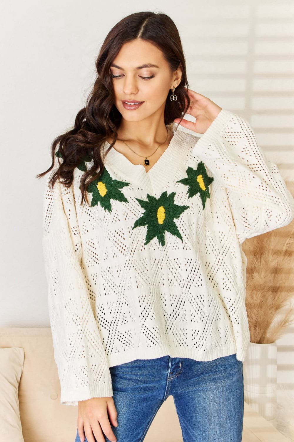 POL Floral Embroidered Pattern V-Neck Sweater.