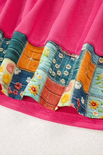 Strawberry Pink Floral Patchwork Hemline Round Neck Top