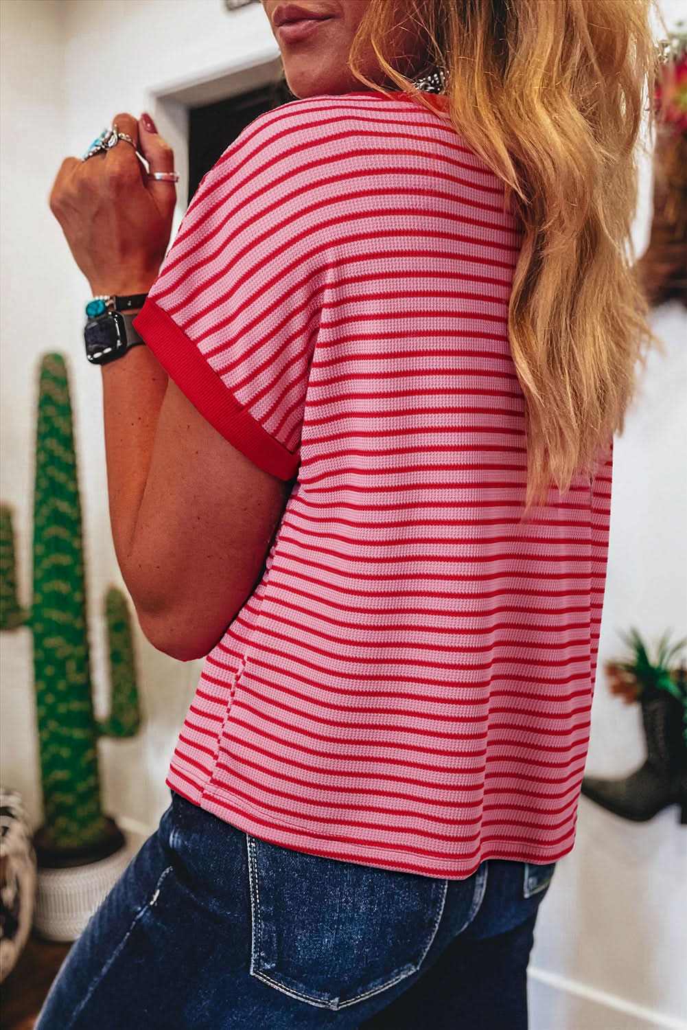 Striped Pink Knit Round Neck T-Shirt for Casual Wear