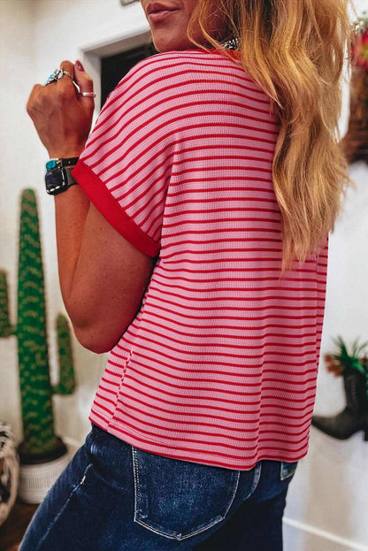 Striped Pink Knit Round Neck T-Shirt for Casual Wear