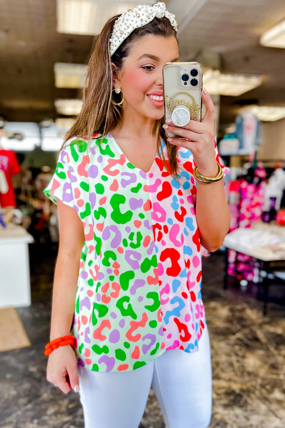 Green Leopard Print Patchwork V Neck Short Sleeve Blouse Divine Design4U