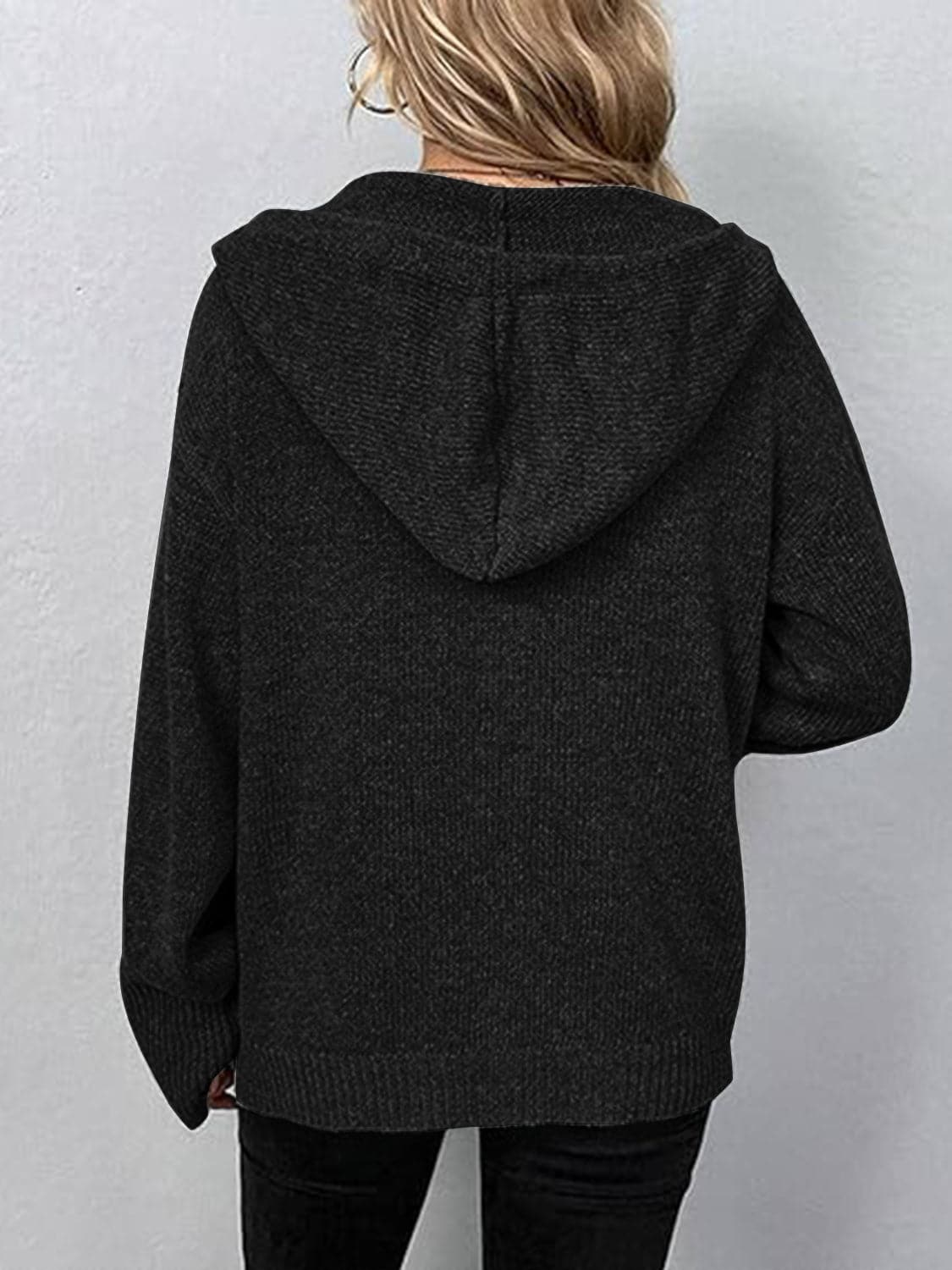 Button Up Drawstring Long Sleeve Hooded Cardigan.