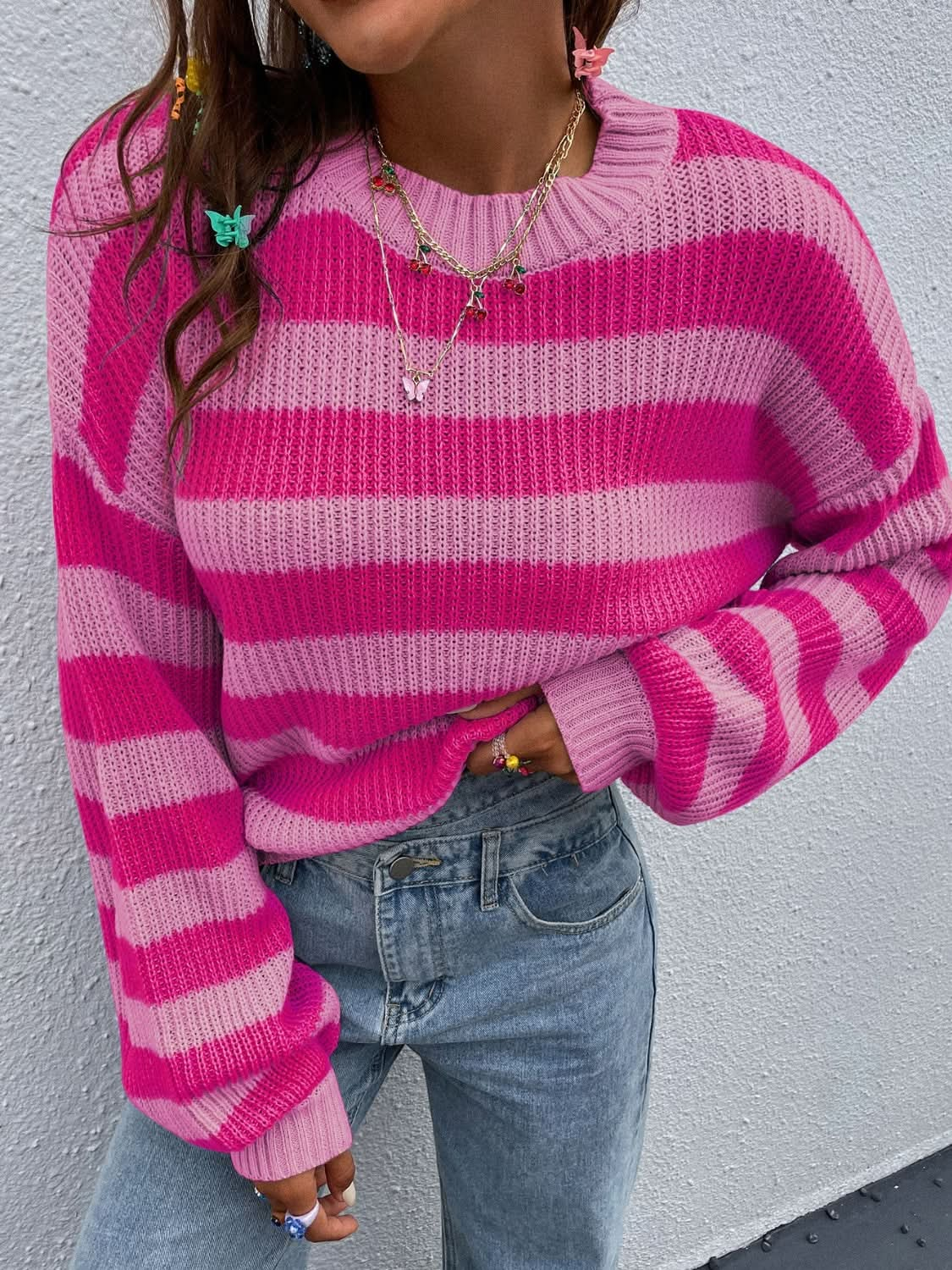 Cozy honey striped long sleeve sweater with round neck