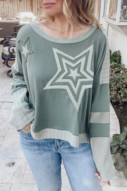 Mist green starry patchwork plus size t-shirt with round neckline