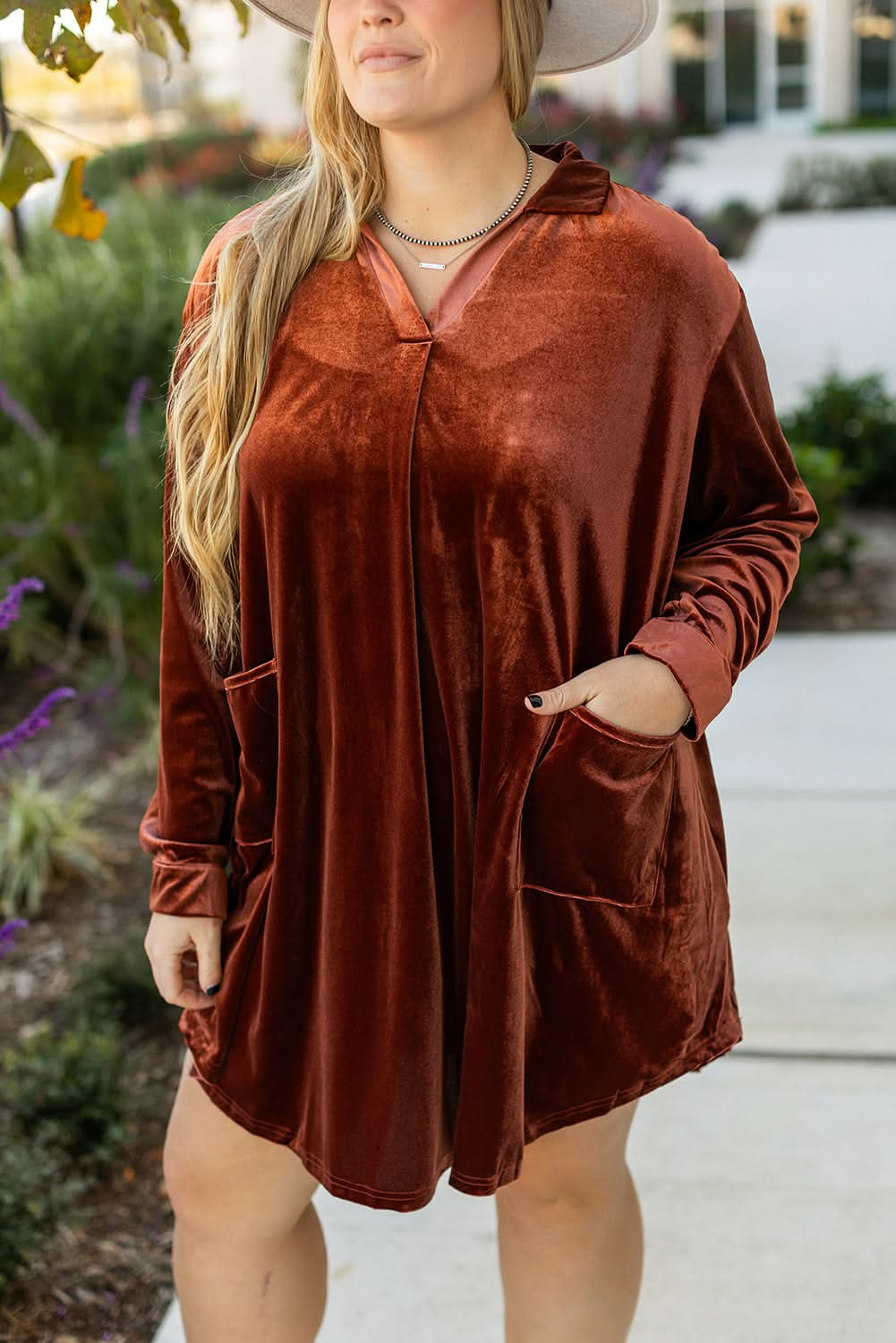 Coffee Velvet Plus Size Shift Dress with V Neck Collar and Pleated Back