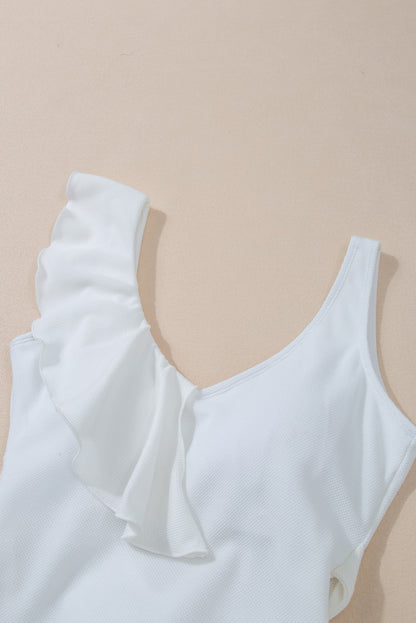 Elegant white asymmetrical ruffle one piece swimsuit with tie waist