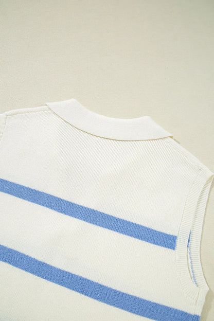 Stripe Split V Neck Collared Ribbed Sweater Vest