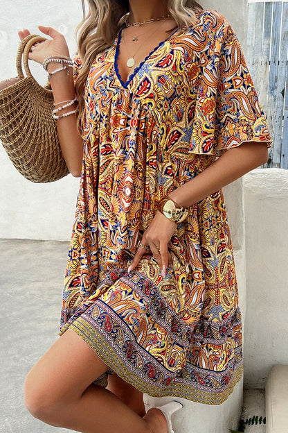 Printed V-Neck Half Sleeve Mini Dress.