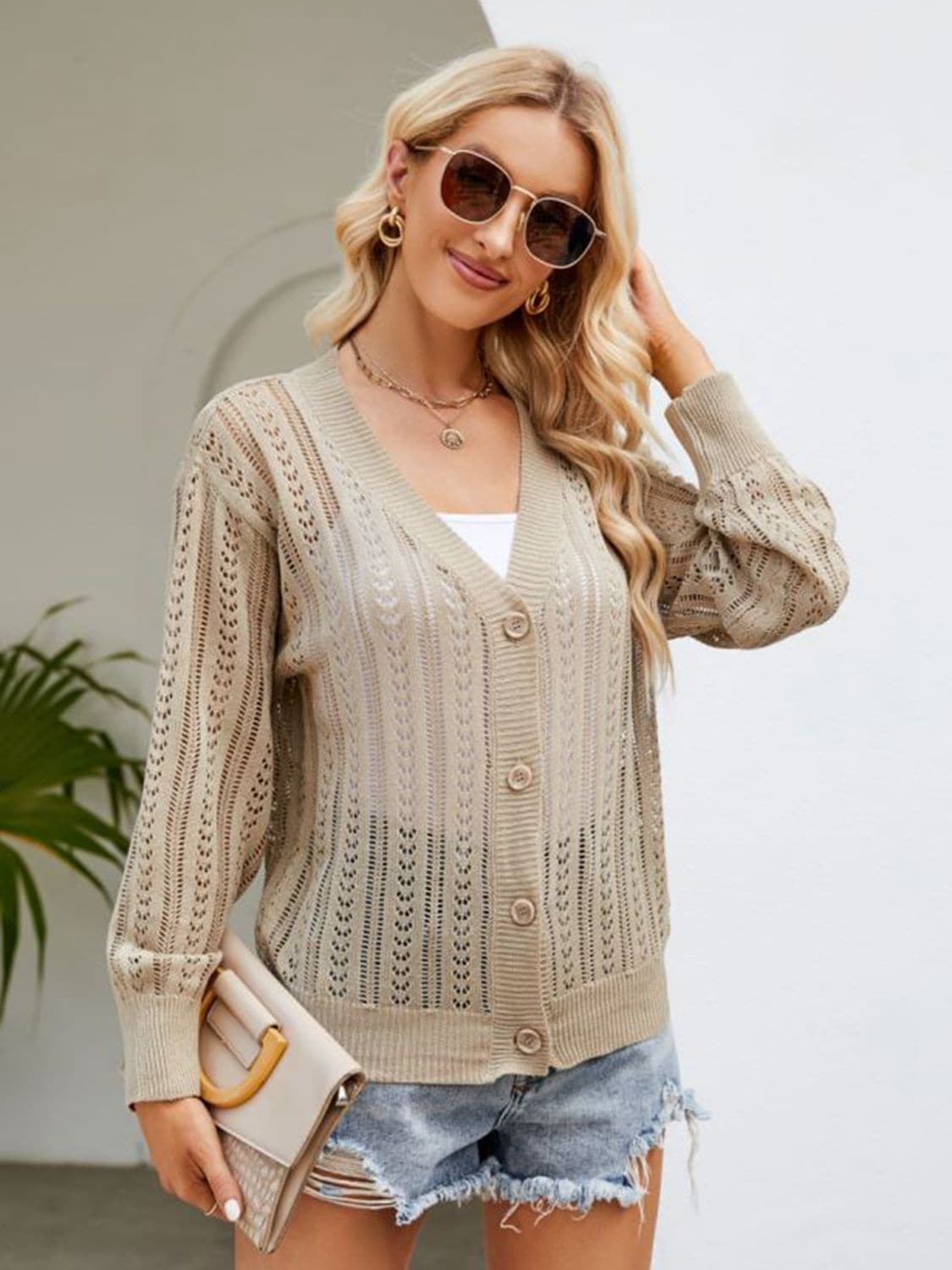 Button Down Ribbed Trim Cardigan.