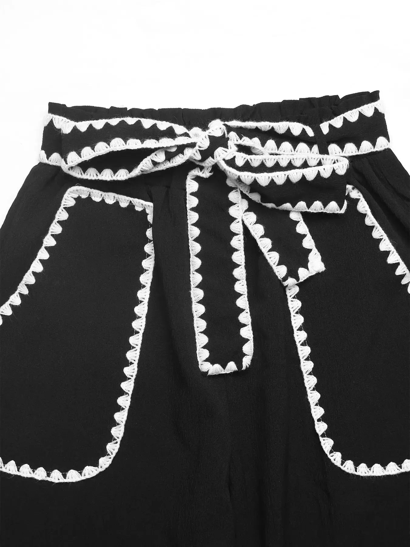 Crochet Trim Tie Waist Wide Leg Pants Simply Love