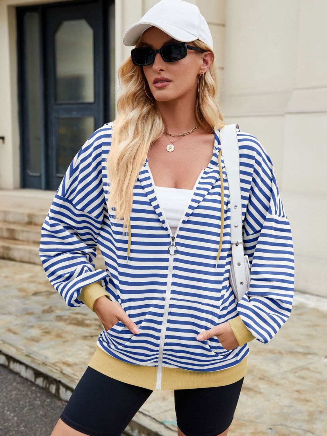 Stylish striped zip-up hoodie with drawstring hood