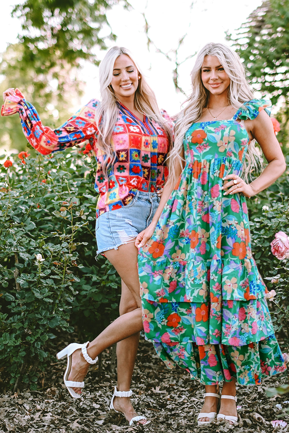 Green Floral Print Sleeveless Ruffle Tiered Maxi Dress Delight