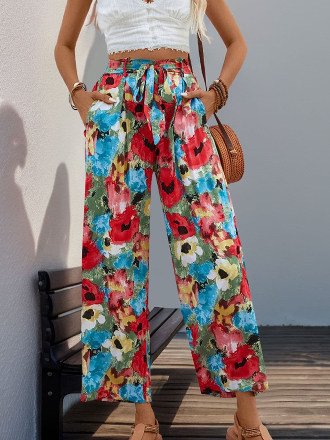 Tied Printed Wide Leg Pants.