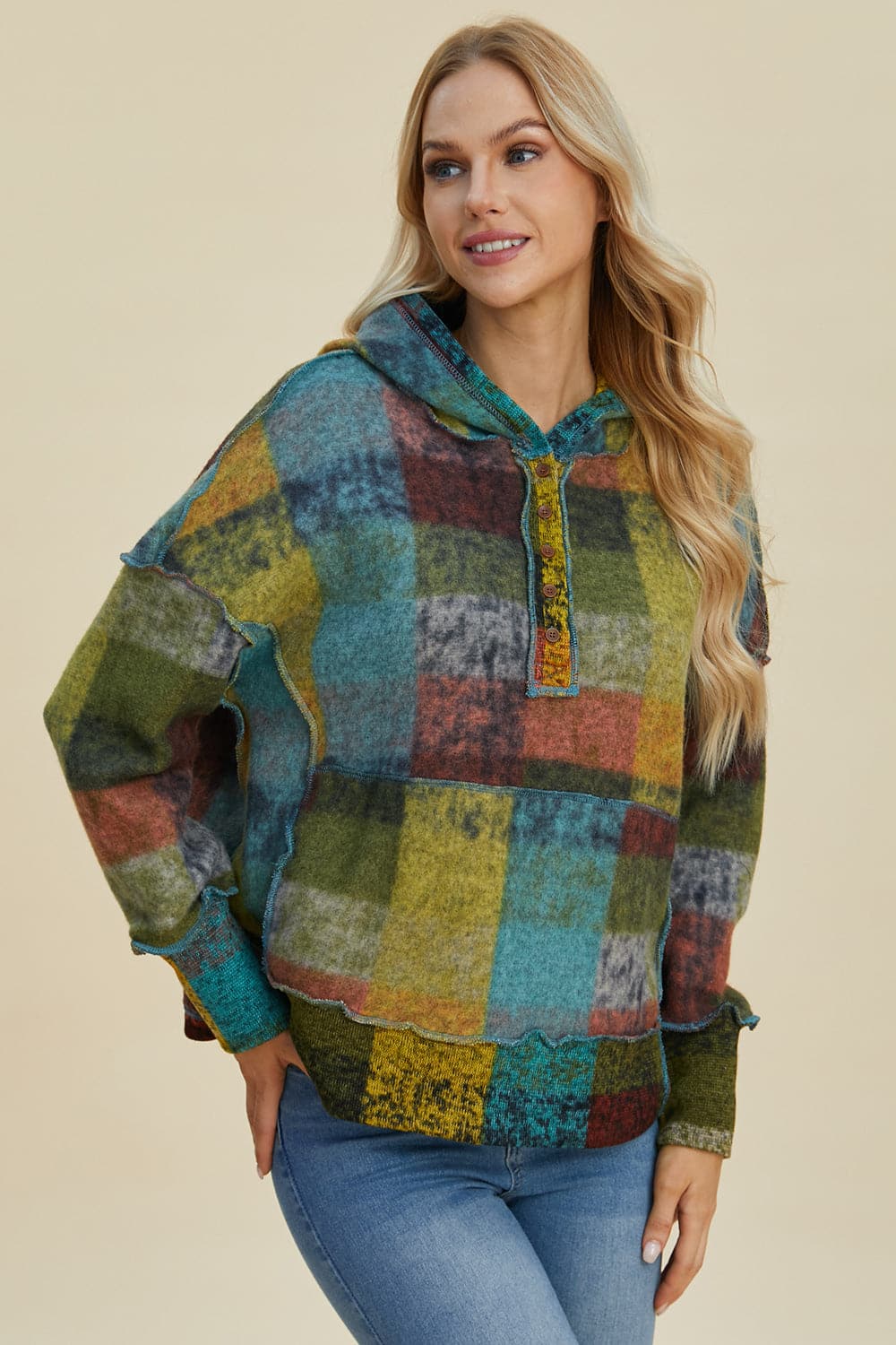 Double Take Full Size Plaid Dropped Shoulder Hoodie.