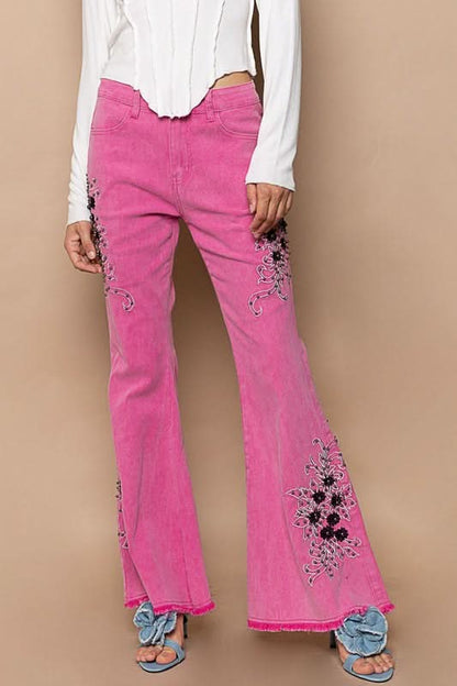 Embroidered Bohemian Flare Trousers with Raw Hem