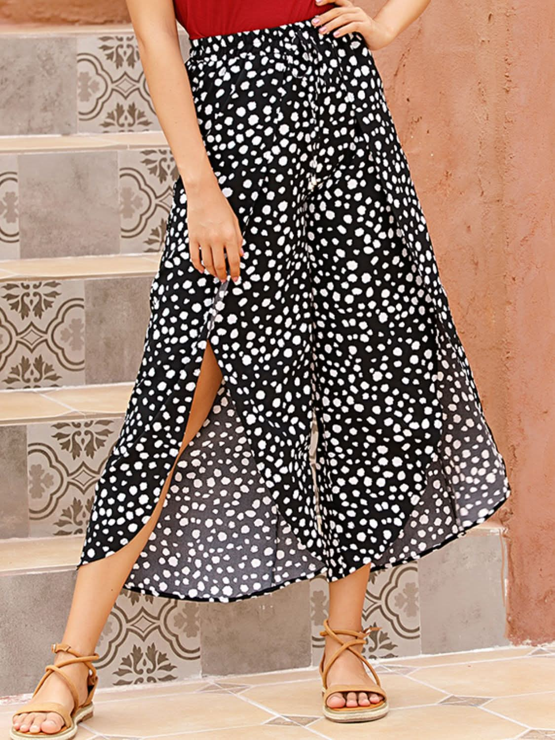 Chic Polka Dot Wide Leg Pants with Slit Detail