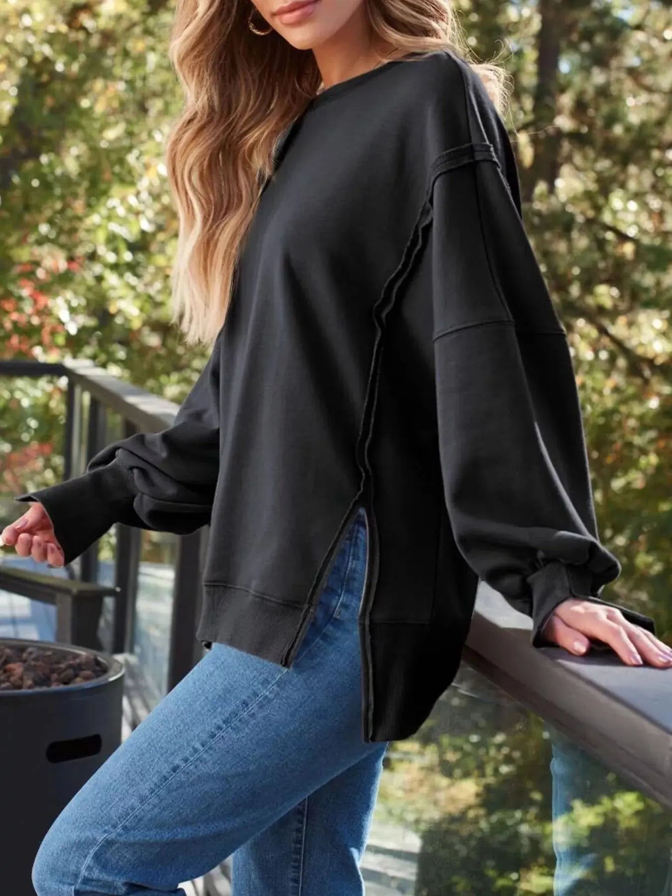 Side Slit Long Sleeve Oversized Sweatshirt Simply Love