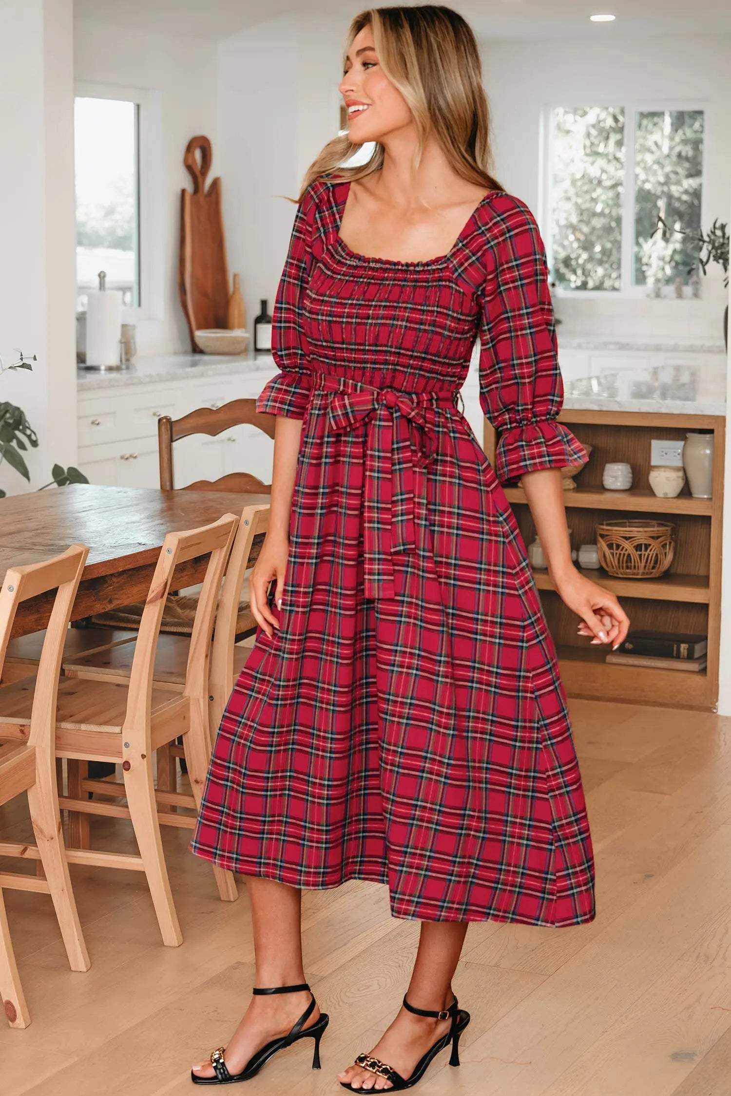 Red Tartan Plaid Square Neck Puff Sleeve Knot Waist Flared Midi Dress Dear-Lover Dropshipping