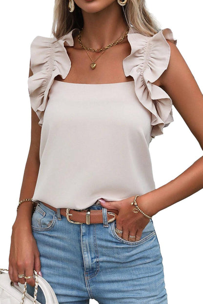 Chic oatmeal ruffle trim sleeveless tank top