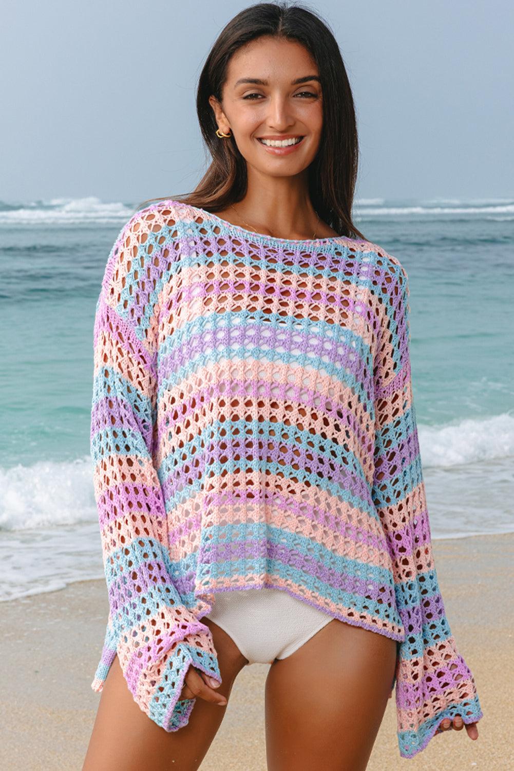 Purple Multi Stripe Open Knit Sweater Beach Cover Up for Women