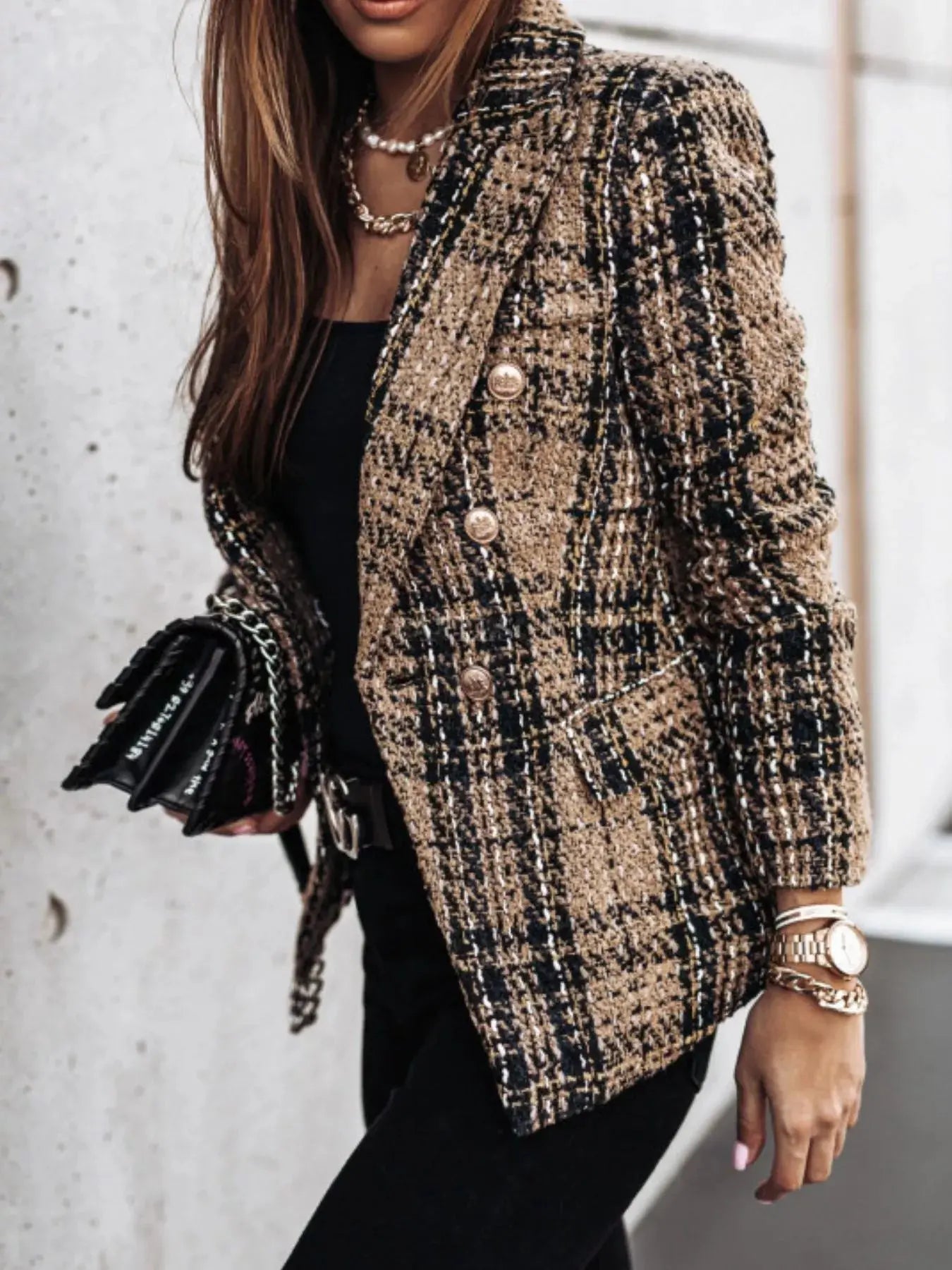 Full Size Plaid Tweed Double-Breasted Blazer Plus Size Simply Love