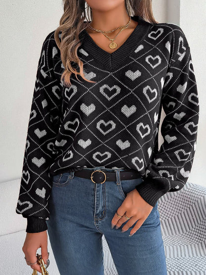 Heart Pattern V-Neck Long Sleeve Sweater.