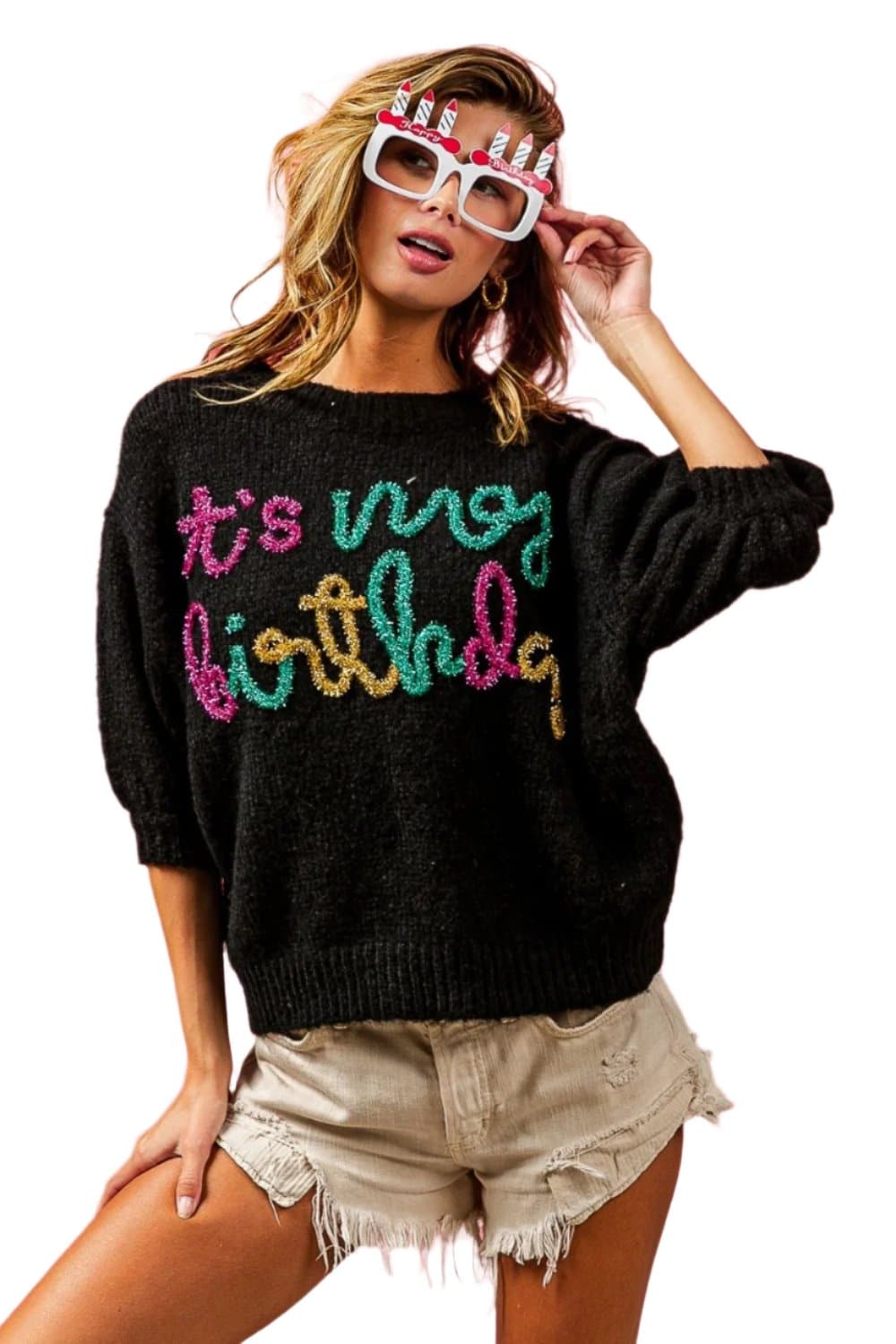 BiBi Metallic Letter Puff Sleeve Hairy Sweater.