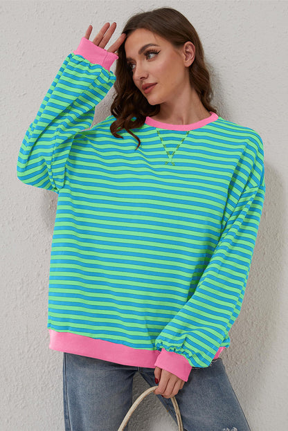 Casual sky blue striped oversized pullover with contrast trim