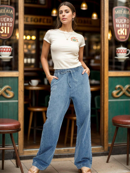 Drawstring Straight Jeans with Pockets.