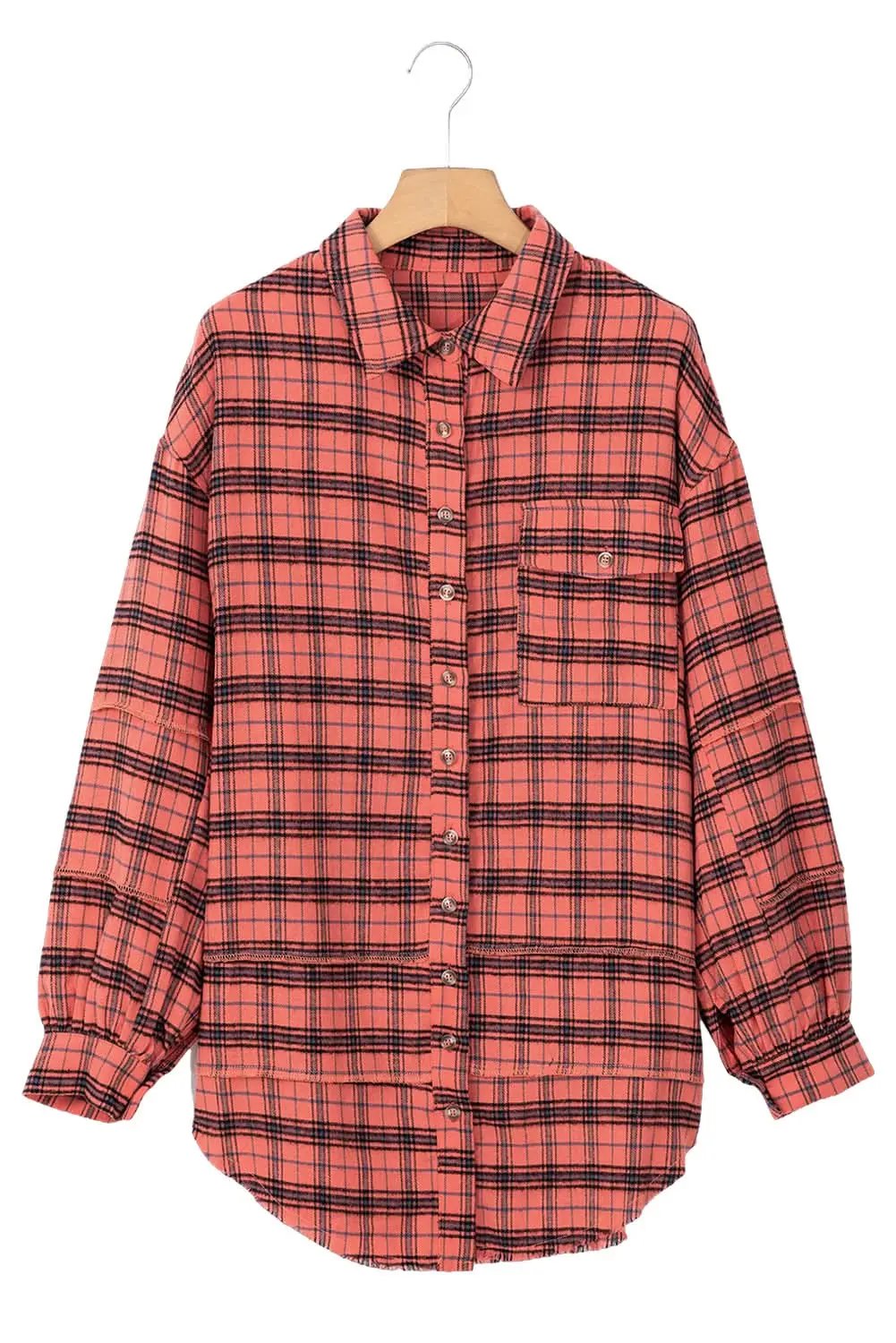 Red Plaid Long Sleeeve Side Split Distressed Hem Shirt - Love Salve 