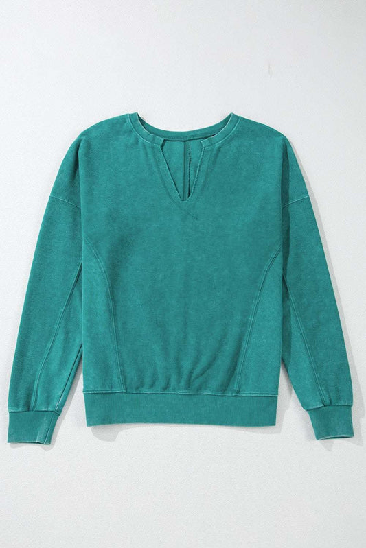 Skobeloff Solid Color Notched Neck Drop Shoulder Sweatshirt - Love Salve 