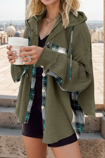 Plaid Waffle-Knit Drawstring Hooded Jacket.