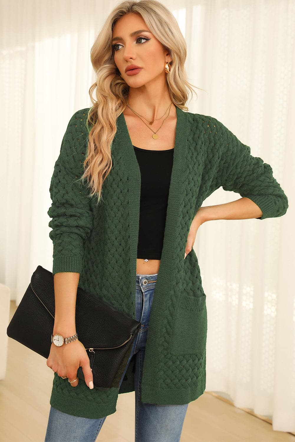 Open Front Dropped Shoulder Cardigan with Pockets.