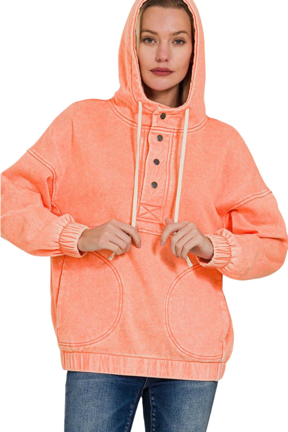 Zenana Drawstring Half Snap Dropped Shoulder Hoodie.