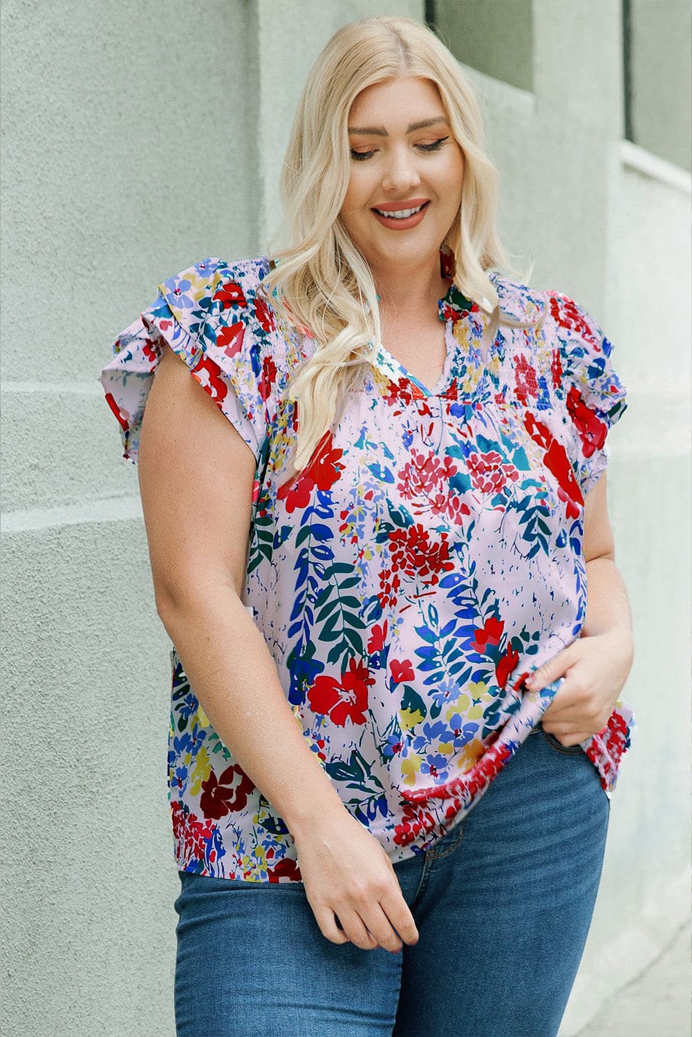 Plus Size Floral Smocked Flutter Sleeve Blouse.