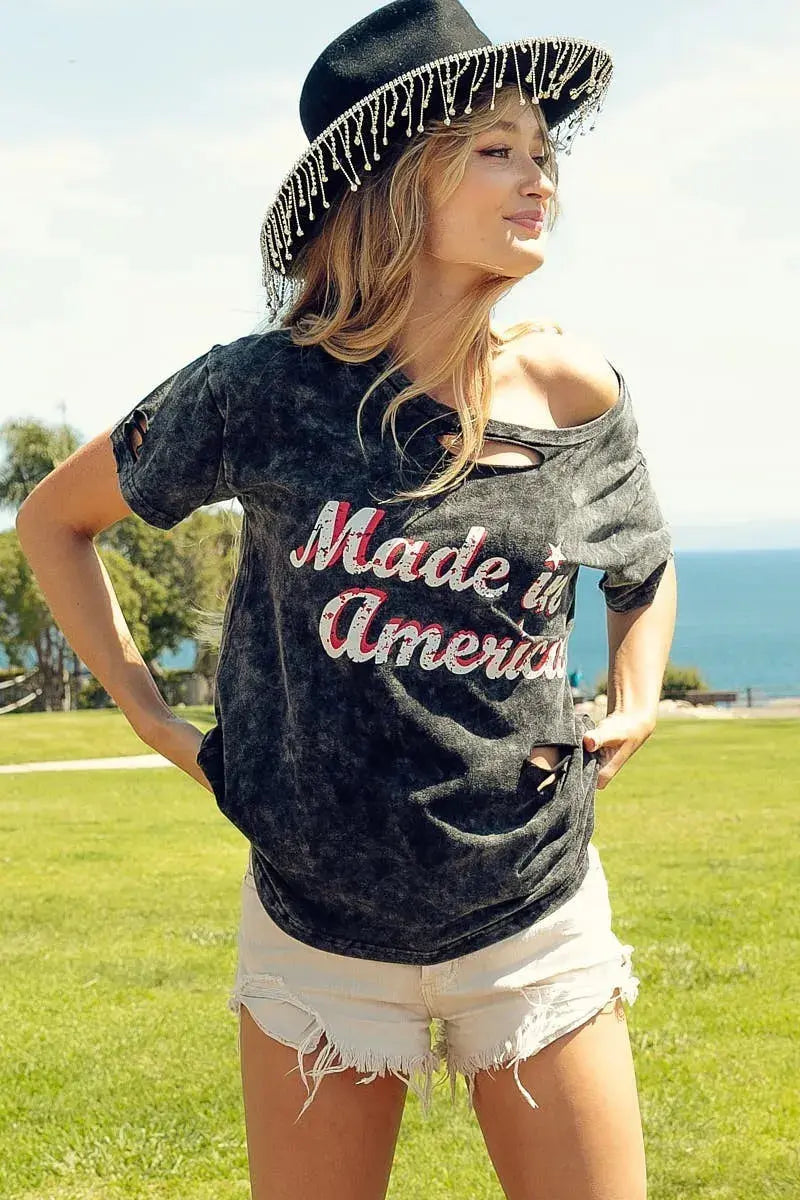 BiBi Laser Cut Mineral Washed America Print Top - Love Salve 
